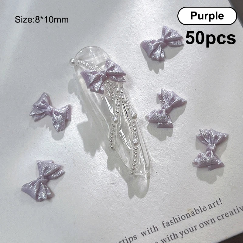 50PCS 3D Bow Nail Art Charms – Kawaii Pearlescent Resin Decor Nail Art Charms Qst Purple