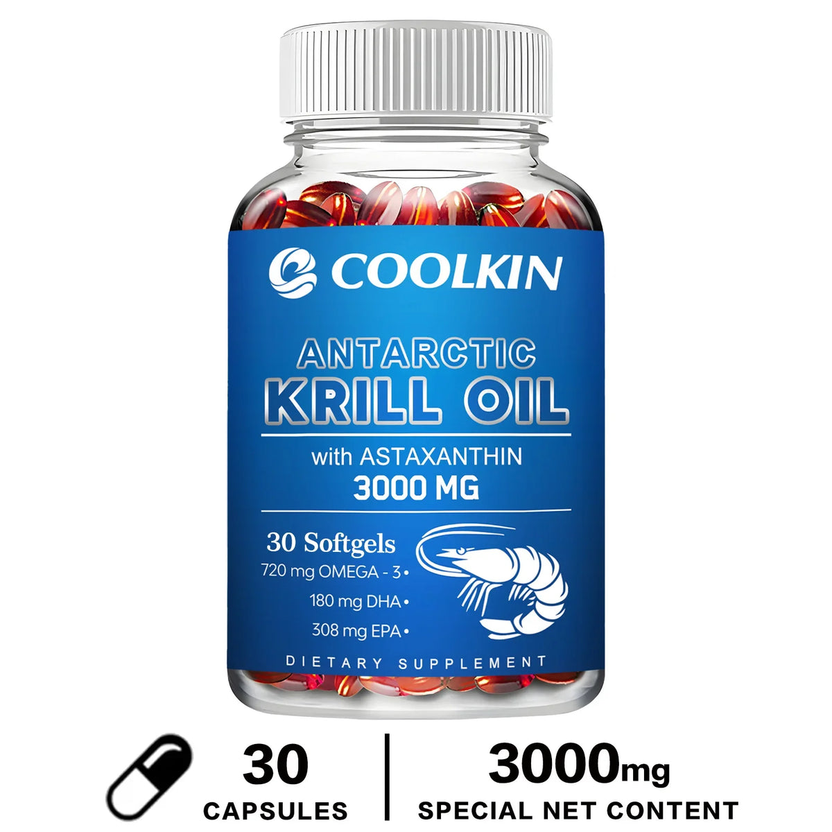 Coolkin Antarctic Krill Oil 3000mg – Omega-3 EPA & DHA Softgels Omega-3 Supplement Qst 30 Capsules