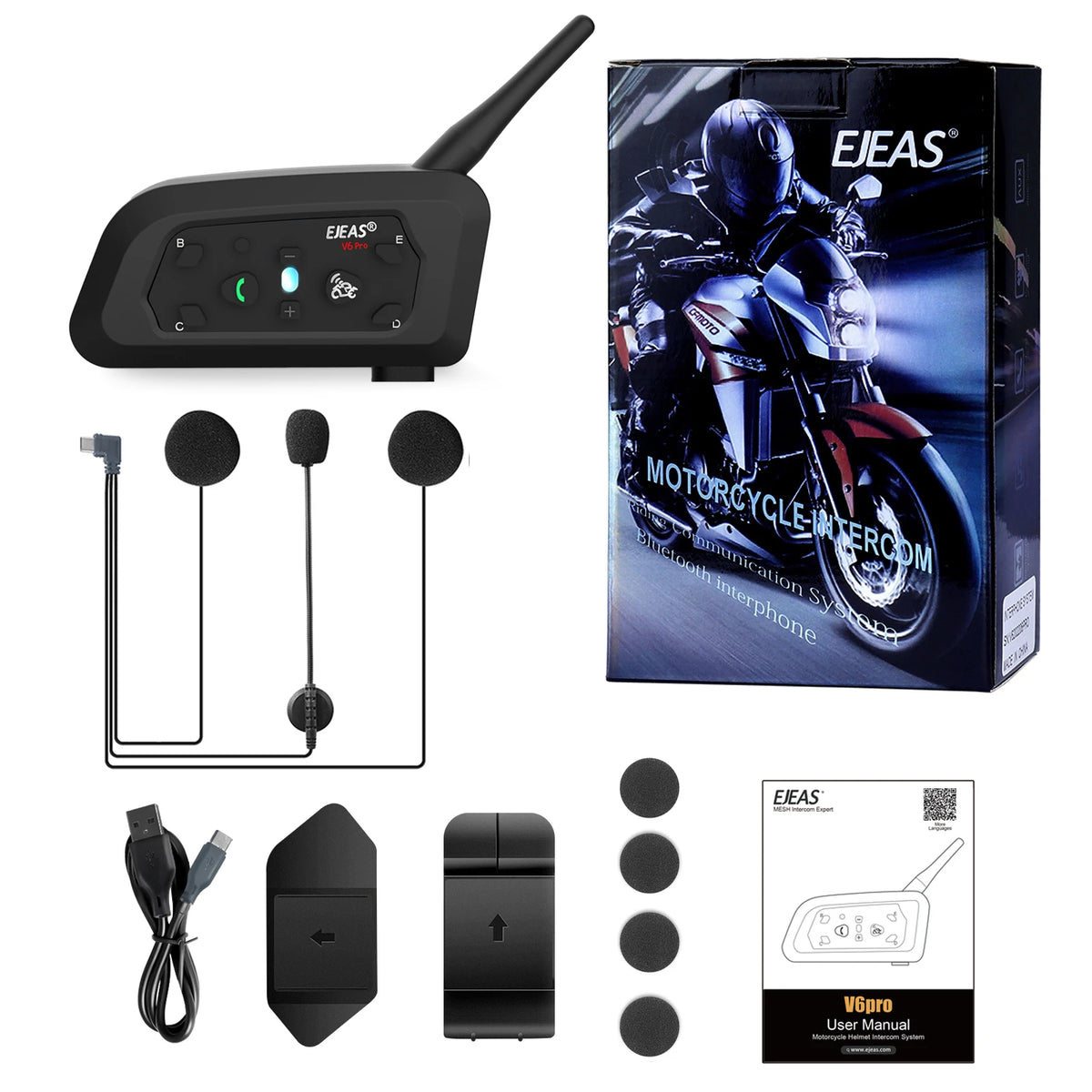 EJEAS V6 PRO+ Motorcycle Bluetooth Helmet Intercom – 6 Riders Motorcycle Helmet Intercom Qst 1 PCS