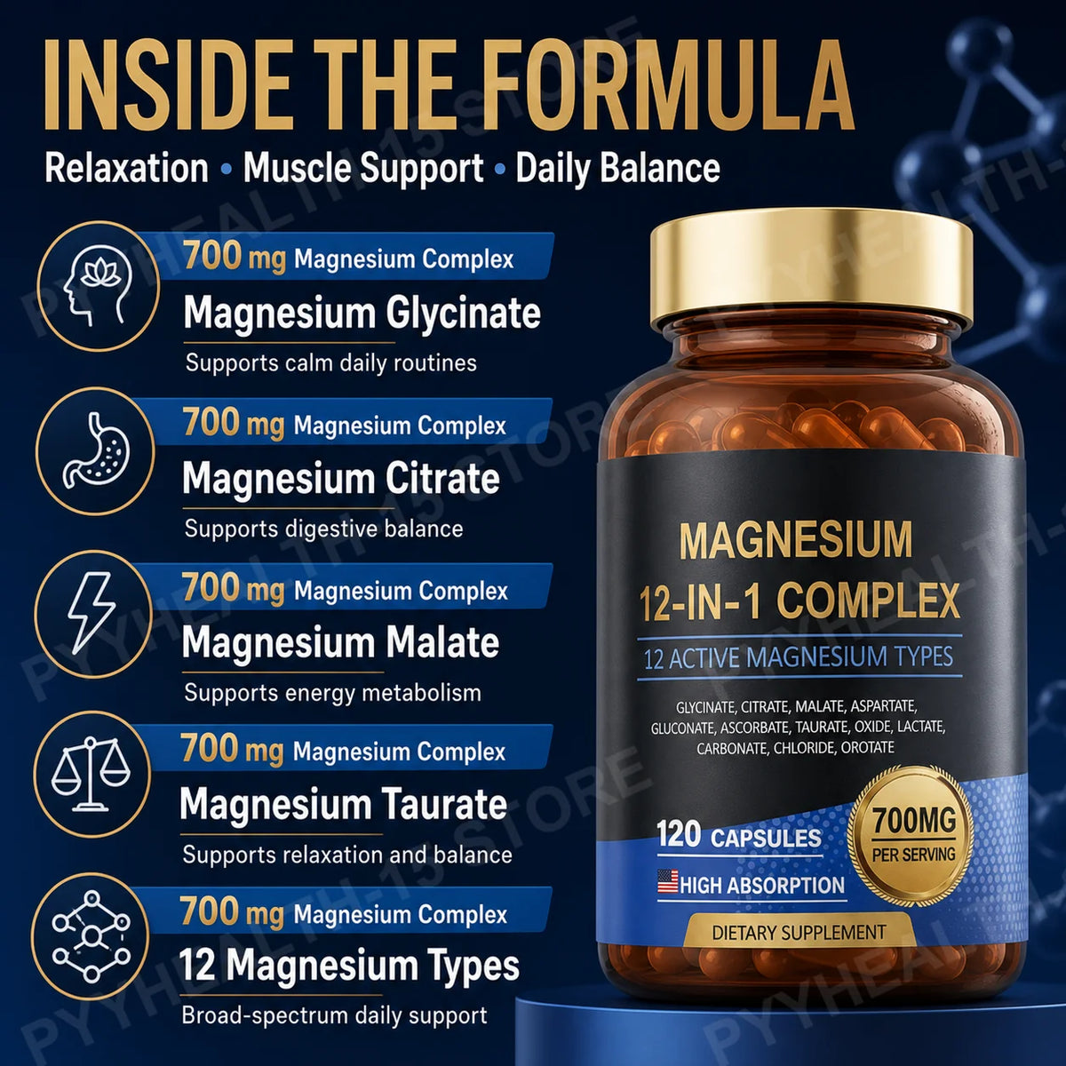 12-in-1 Magnesium Complex 700mg Vegan Capsules – 120 Count Magnesium Supplement Qst