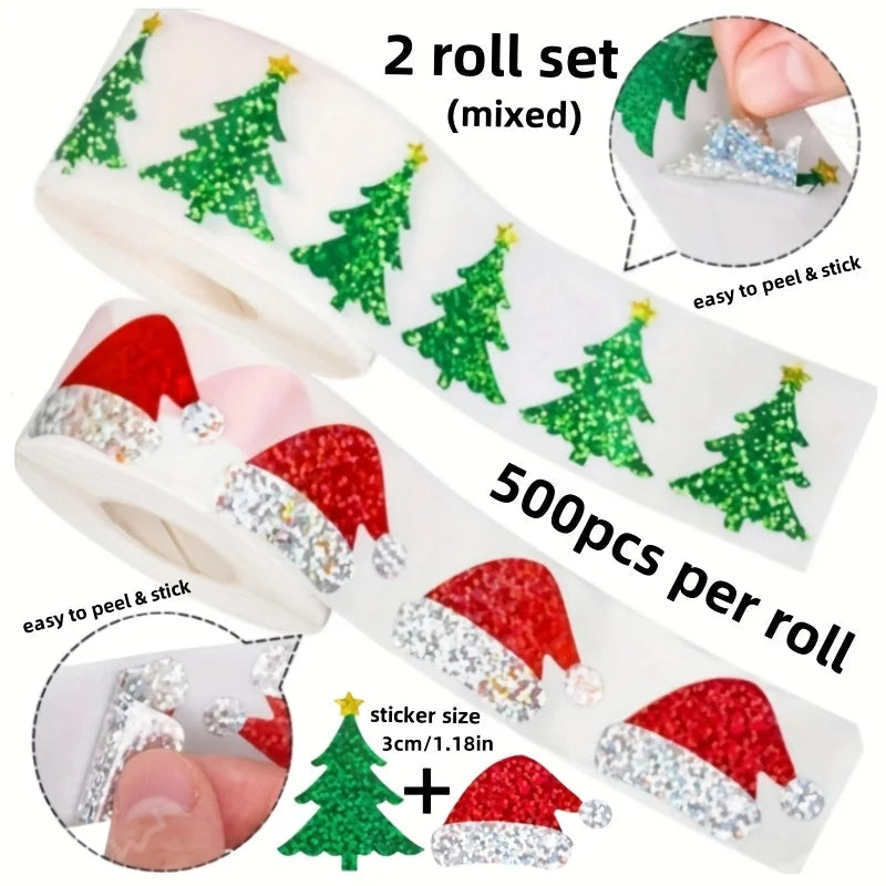 1000 Christmas Sticker Rolls – Laser Tree & Santa Hat (2 Rolls) Christmas Sticker Roll Qme 2Rolls 6x6x3.5cm