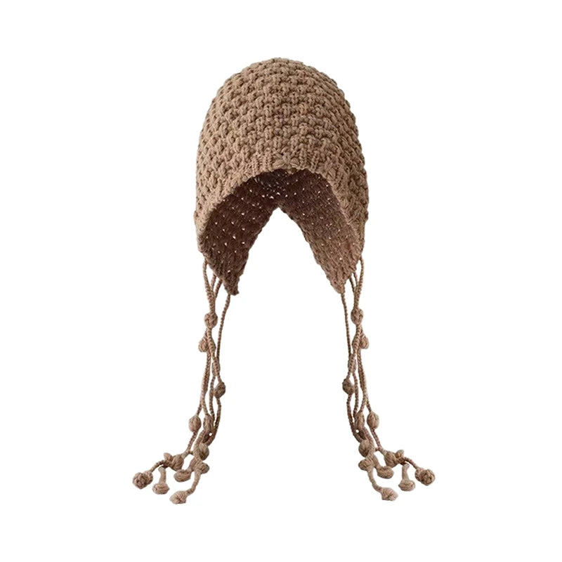 Women's Knitted Winter Beanie – Windproof Tassel Ear Cover Hat Knitted Winter Beanie Qst A4