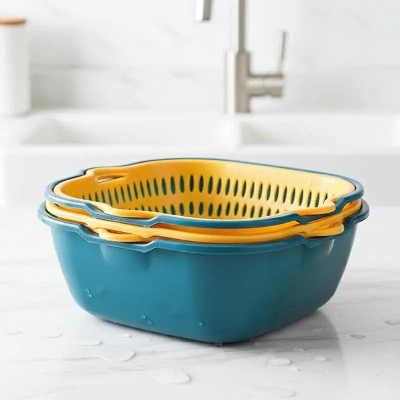Double-Layer Fruit & Vegetable Drain Basket | Plastic Green Yellow Produce Drain Basket Qme