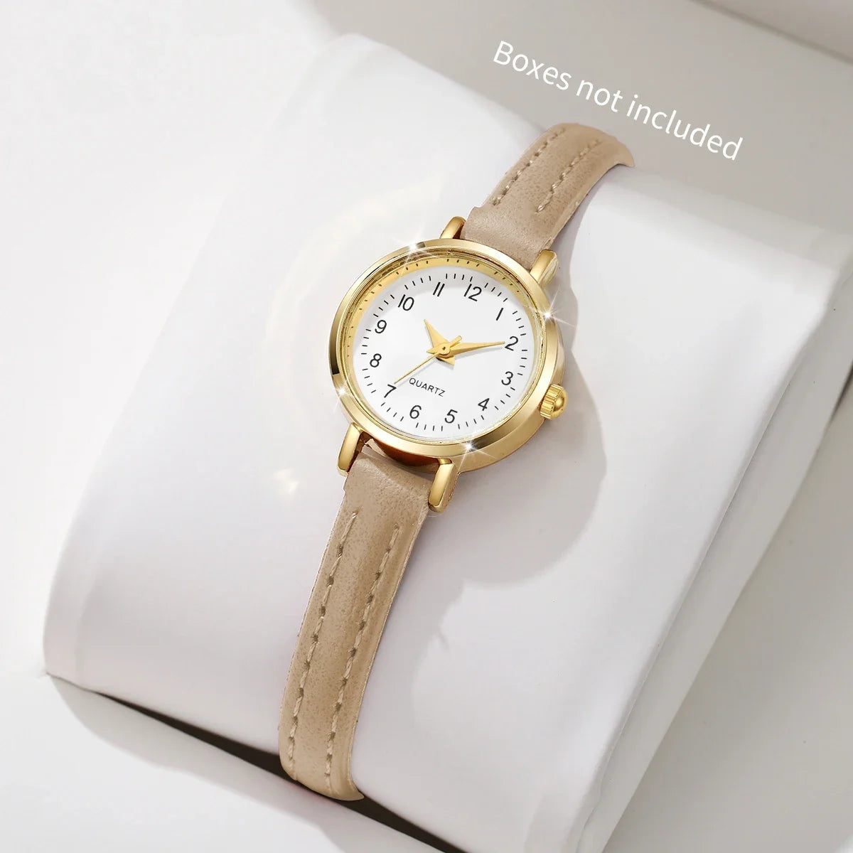 Retro Roman Numeral Round Gold Watch | Soft Leather Band Leather Strap Watch Qme Arabic Beige No Box