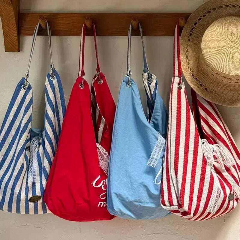 Women's Striped Reversible Hobo Tote Bag with Lace Bow Decor Reversible Hobo Tote Qme