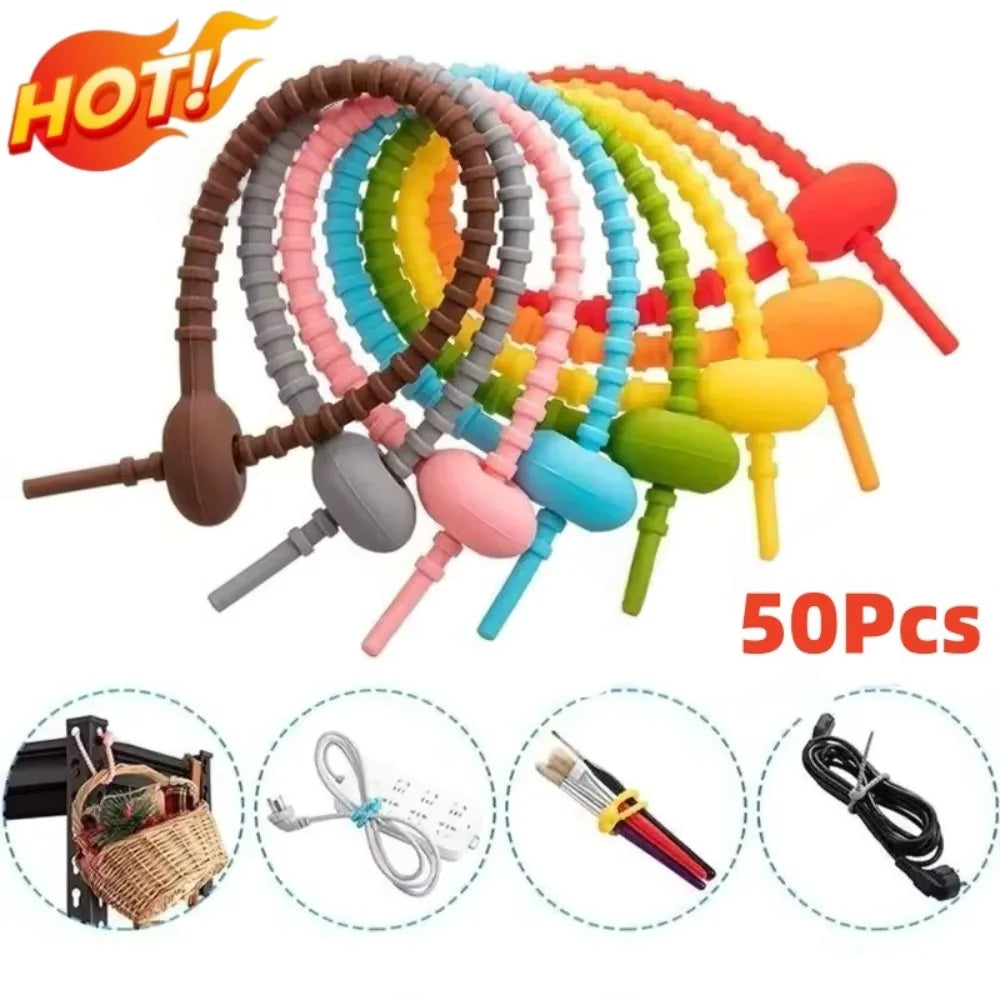 50-Pack Reusable Silicone Cable Ties – Wire & Bag Organizer Silicone Cable Ties Qme