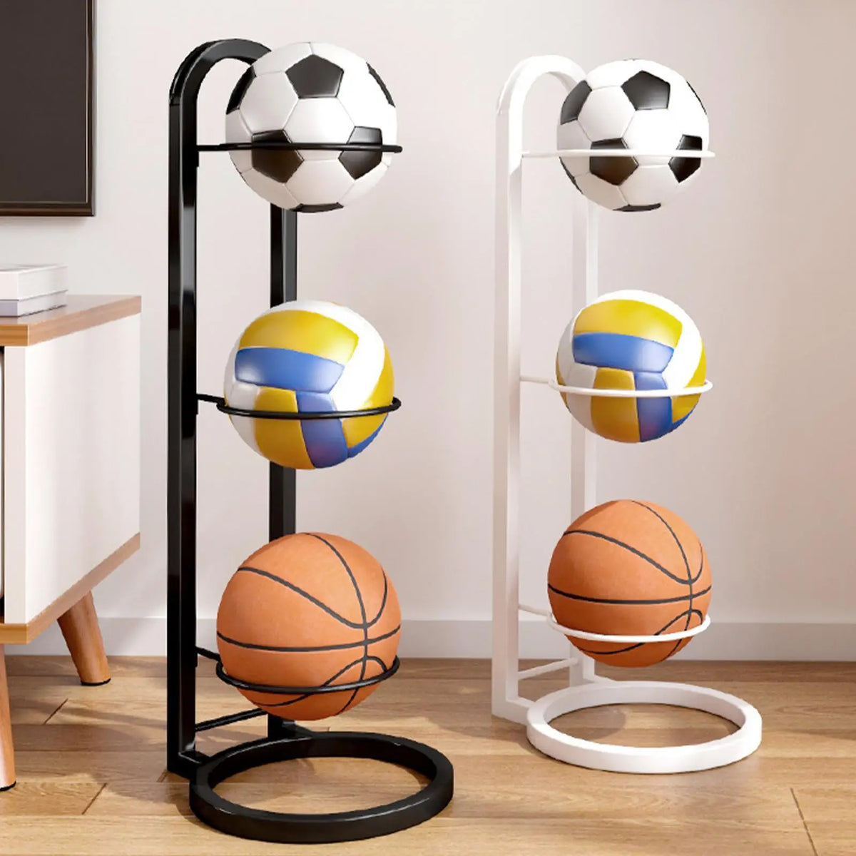 Bamboo Multi-Layer Ball Rack – Basketball & Football Stand Ball Storage Rack Qme