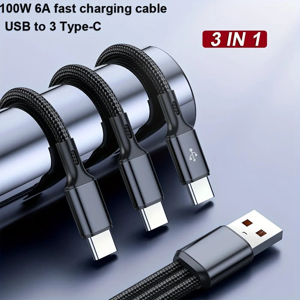 100W USB-C Fast Charging Cable 6A Nylon Braided Multi-Port USB-C Charging Cable Qme
