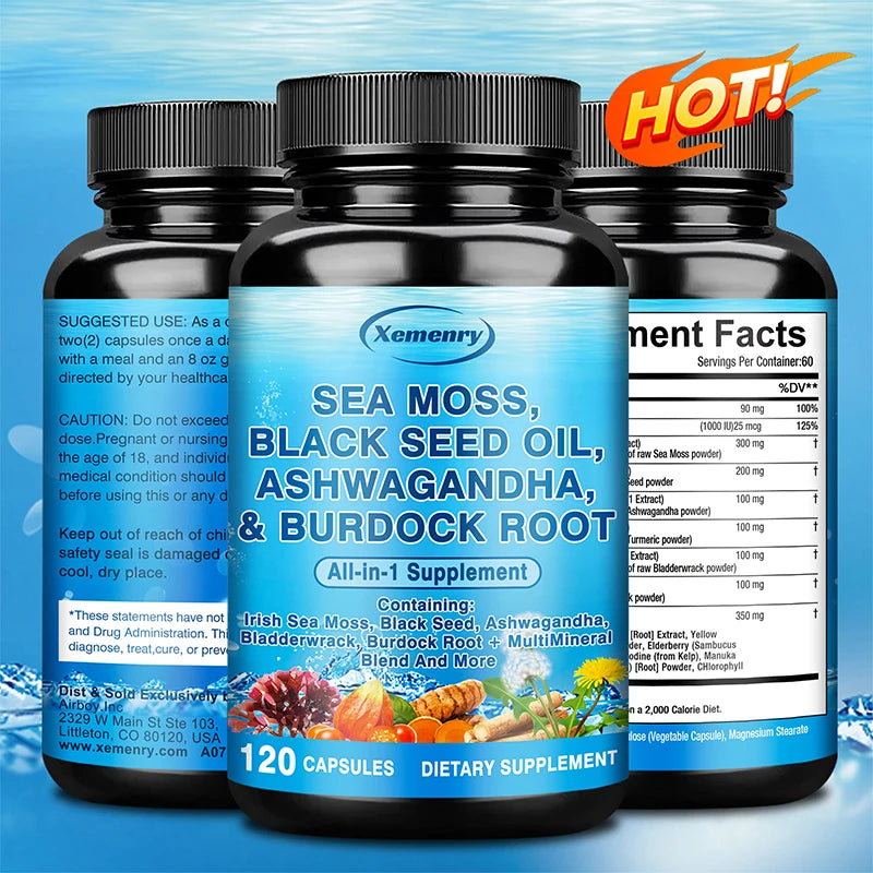 Sea Moss, Black Seed Oil, Ashwagandha & Burdock Root Capsules Herbal Supplement Qst