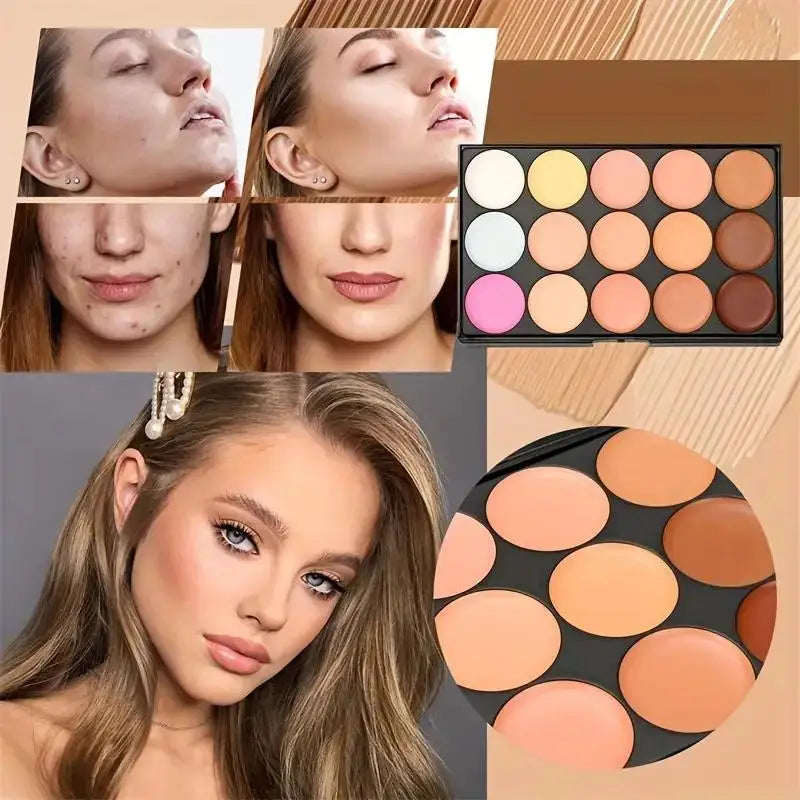 15-Color Concealer Palette & 11Pc Bamboo Brush Set | Qme Makeup Brush & Palette Set Qme