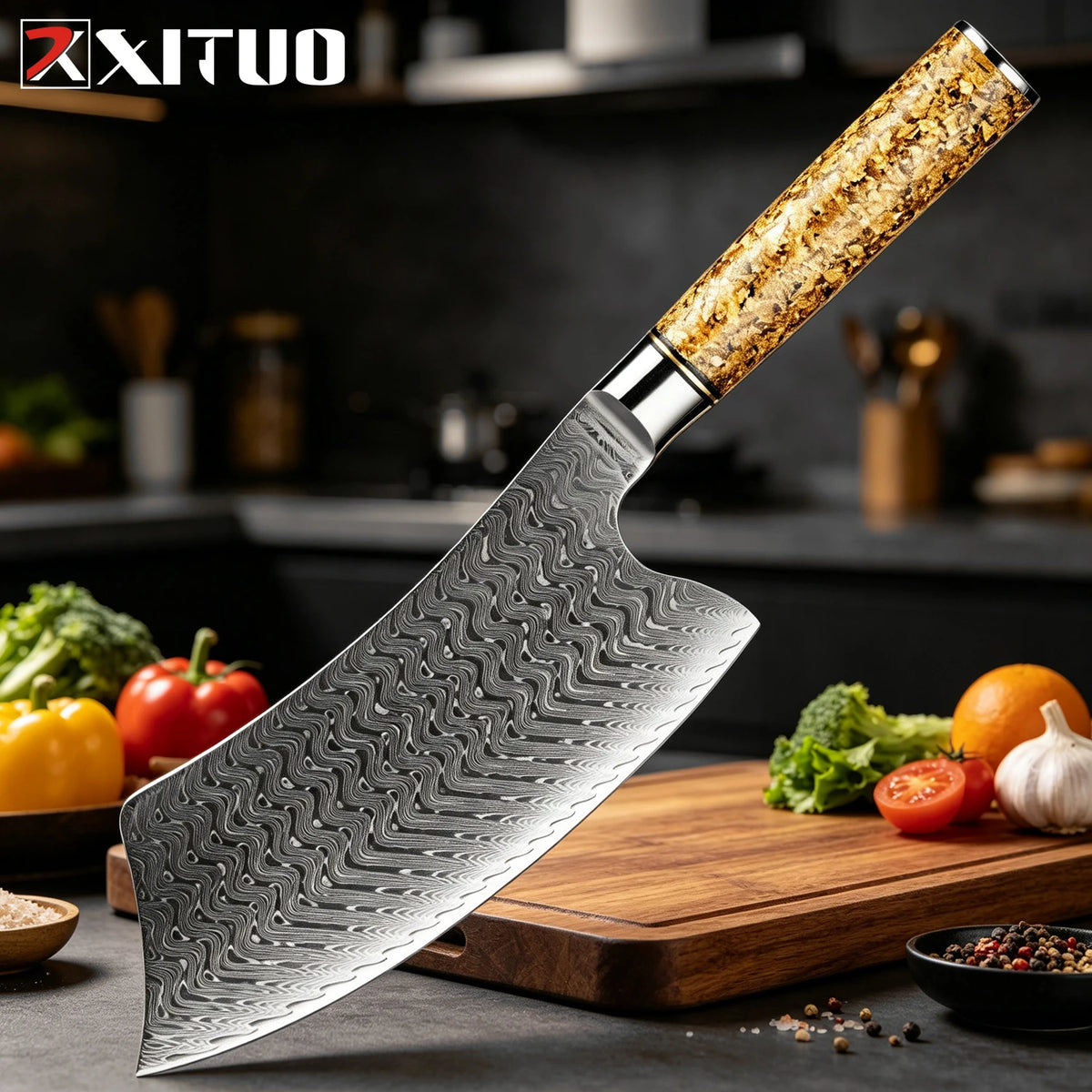 XITUO Damascus Steel Kitchen Knife Set – 4 Piece Professional Kitchen Knife Set Qst Cleaver Knife