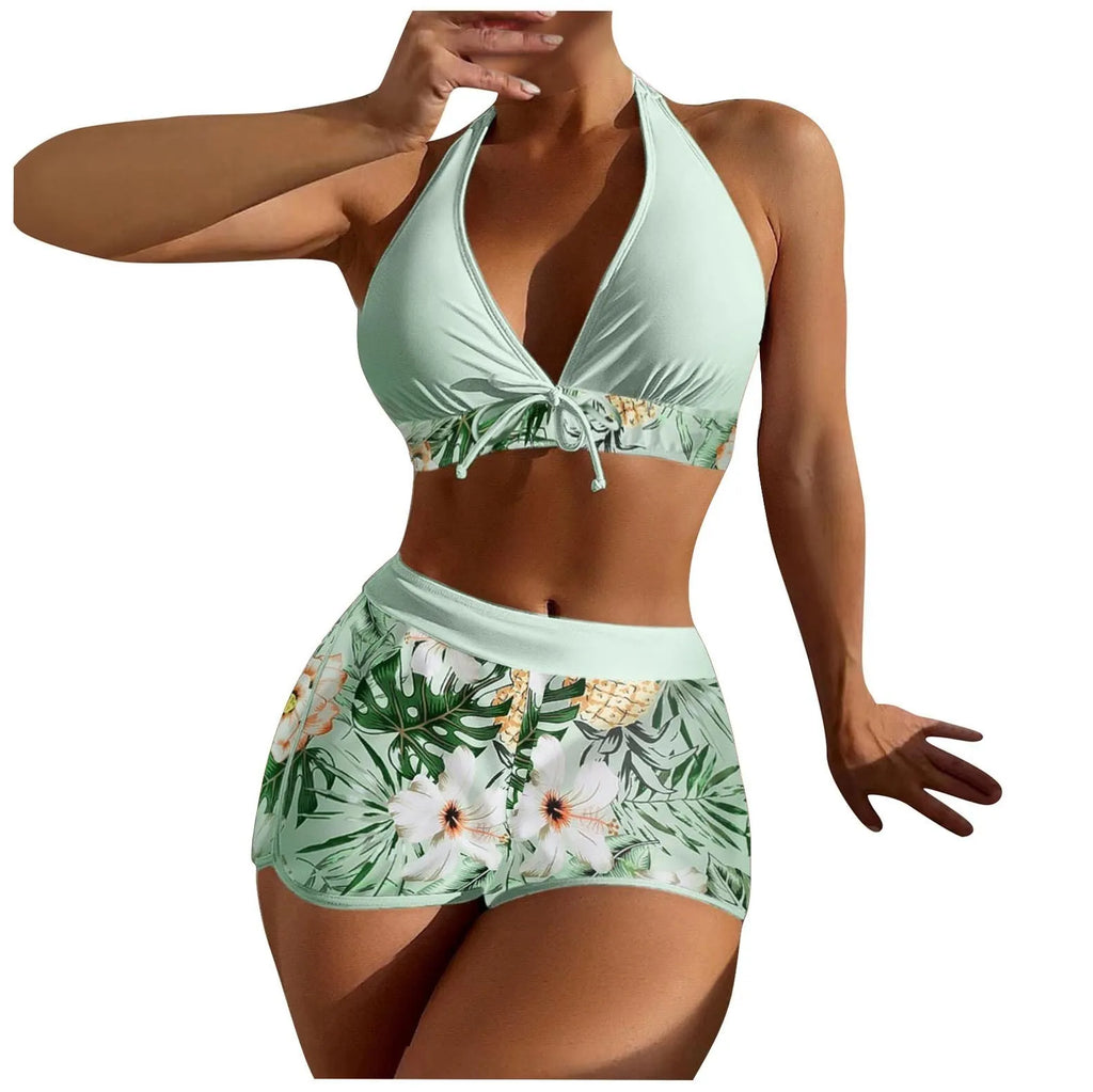 Women's Paneled Printed Two-Piece Swimsuit | High Waist V-Neck Two-Piece Swimsuit Qme