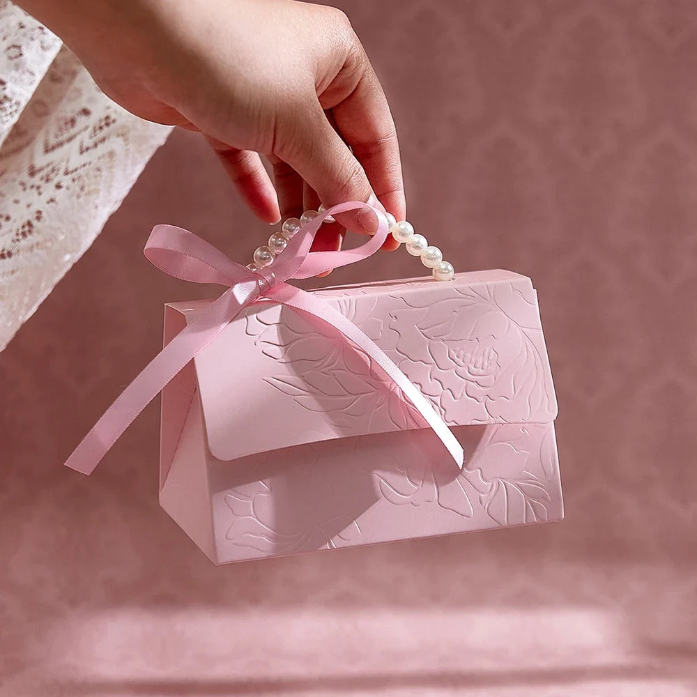 Pink 3D Flower Paper Gift Boxes with Pearl Handle – 10 Pcs Decorative Gift Box Qme