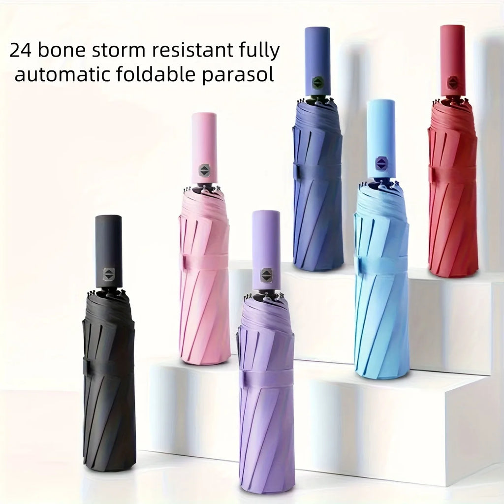 Automatic 24-Rib Folding Umbrella – UV & Rain, Multi-Color Folding Umbrella Qst