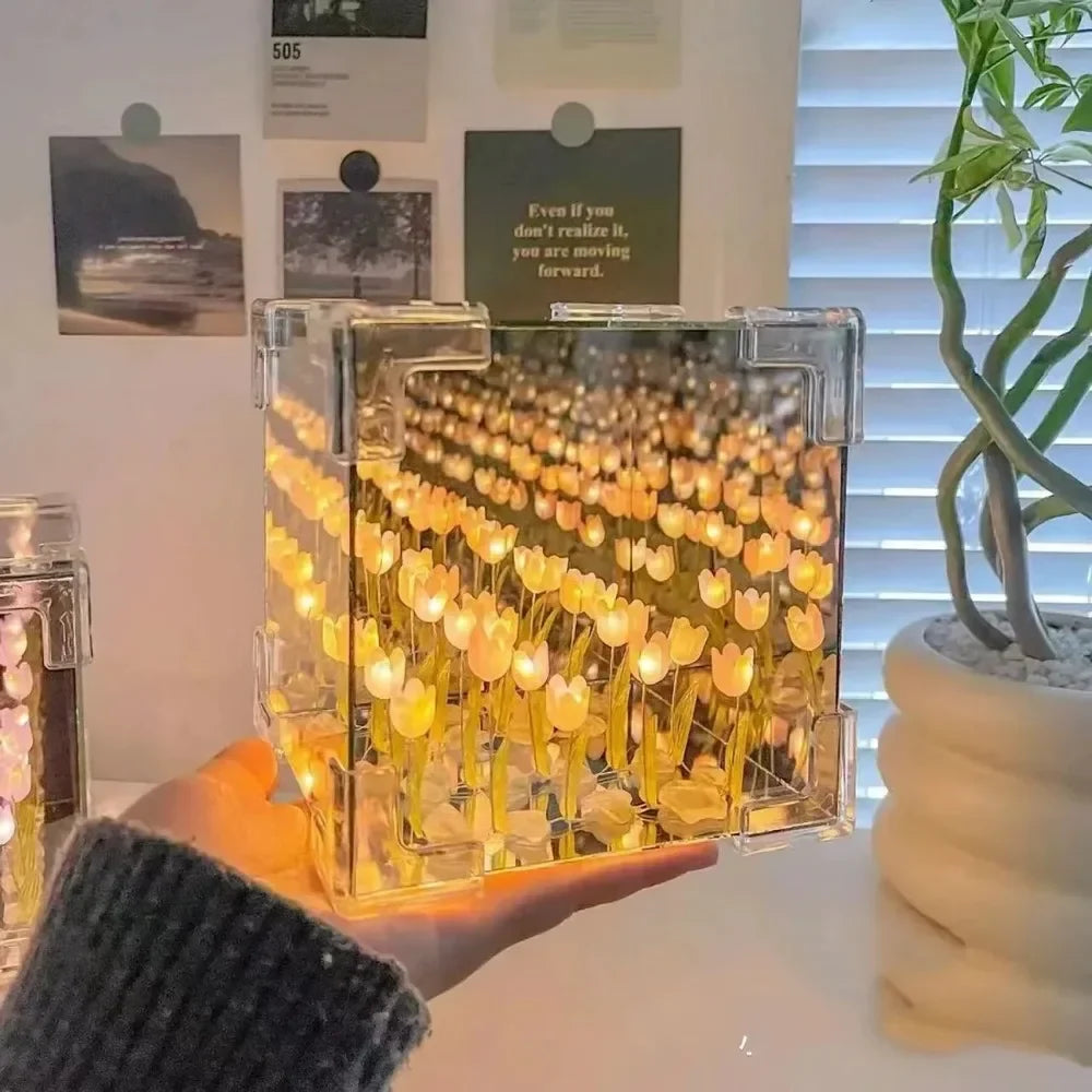 DIY Tulip Flower Cube 3D Glass Night Lamp – 4 Colors DIY Decorative Lamp Qme