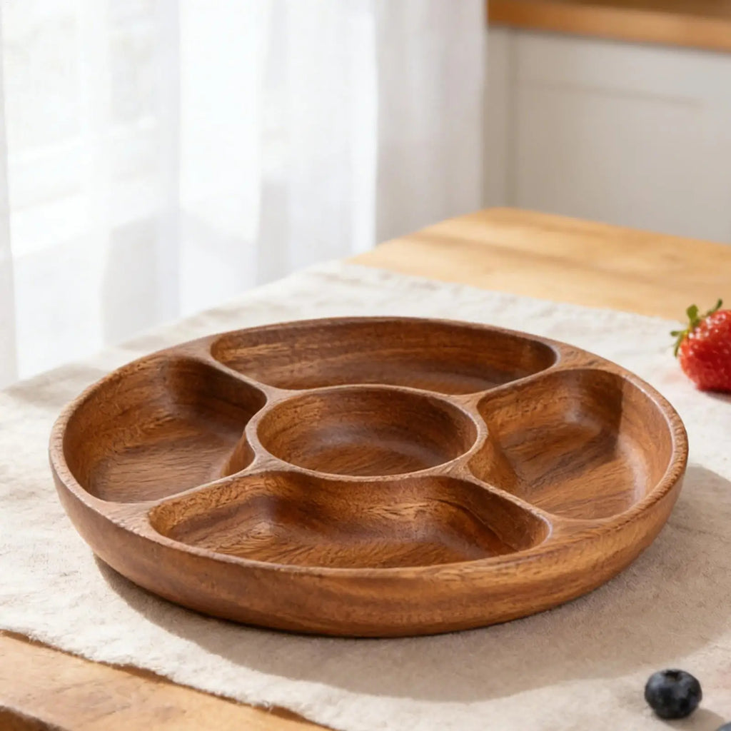 Round 5-Compartment Wooden Serving Platter Tray for Parties Serving Platter Tray Qme