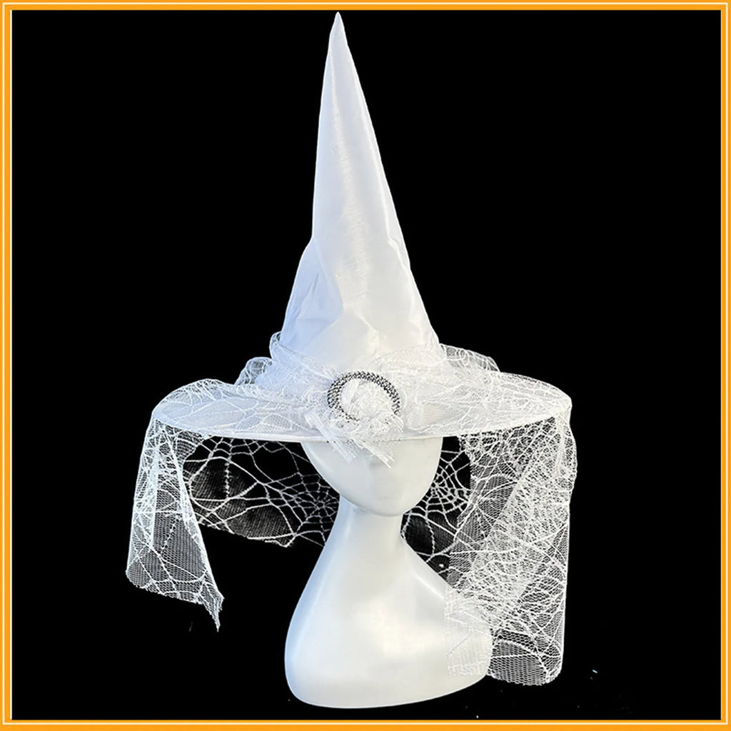 White Witch Hat with Veil – Halloween Cosplay Costume Accessory Costume Hat Qme