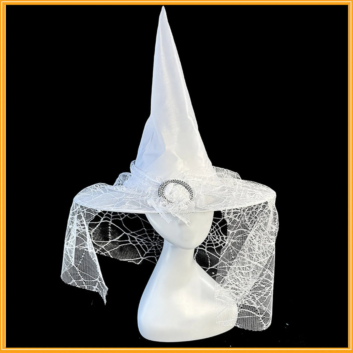 White Witch Hat with Veil – Halloween Cosplay Costume Accessory Costume Hat Qme