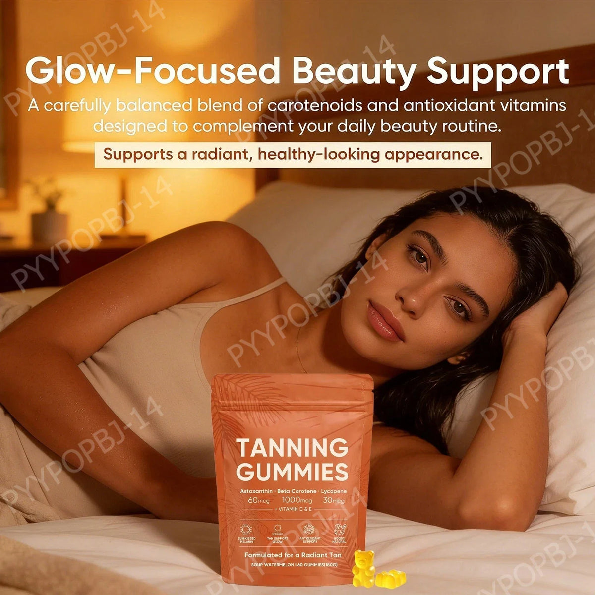 Tanning Gummies Sour Watermelon – 60ct Vegan Sugar-Free Tanning Supplement Gummies Qst
