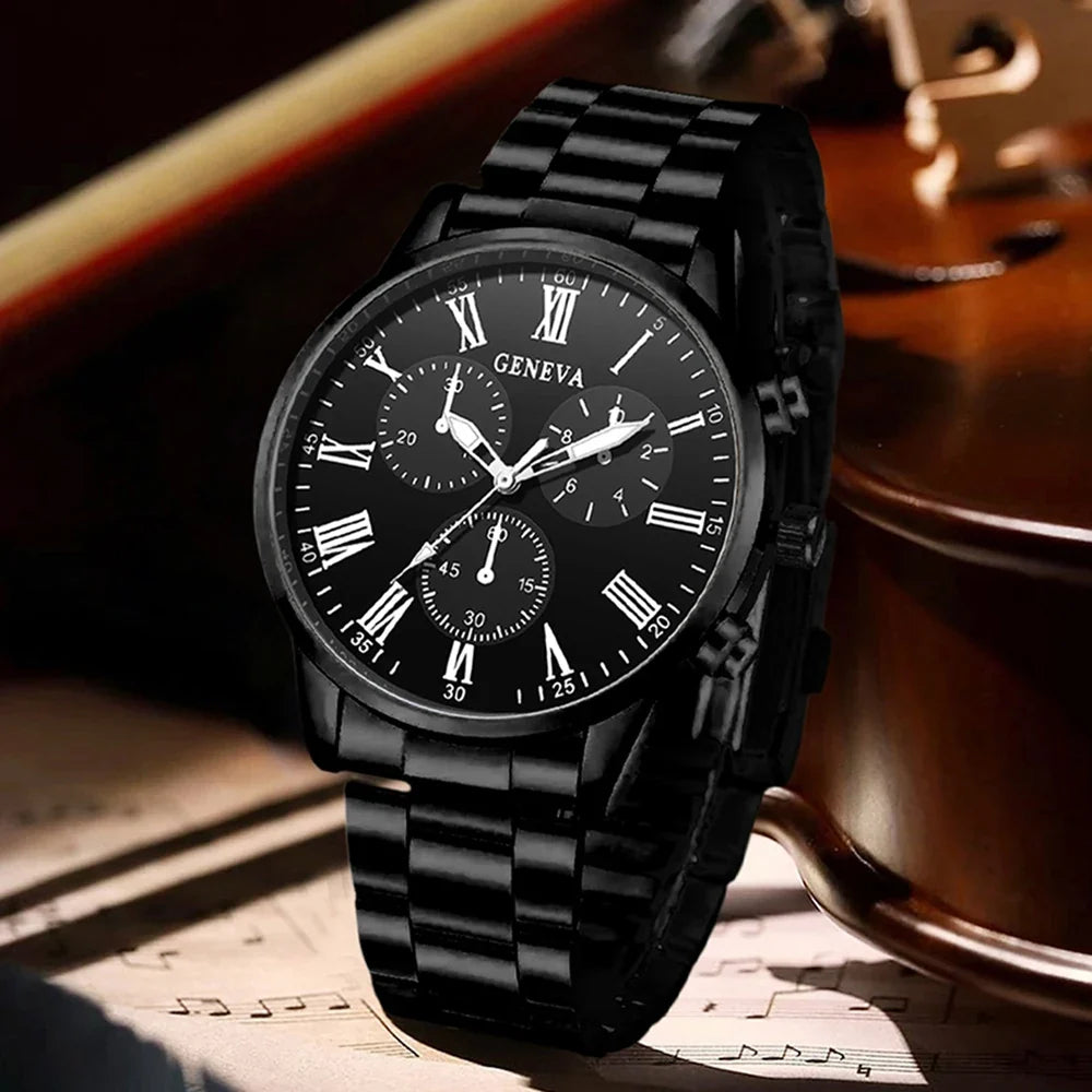 Geneva Roman Dial Men's Watch & Jewelry 4-Piece Set Men's Jewelry Set Qme