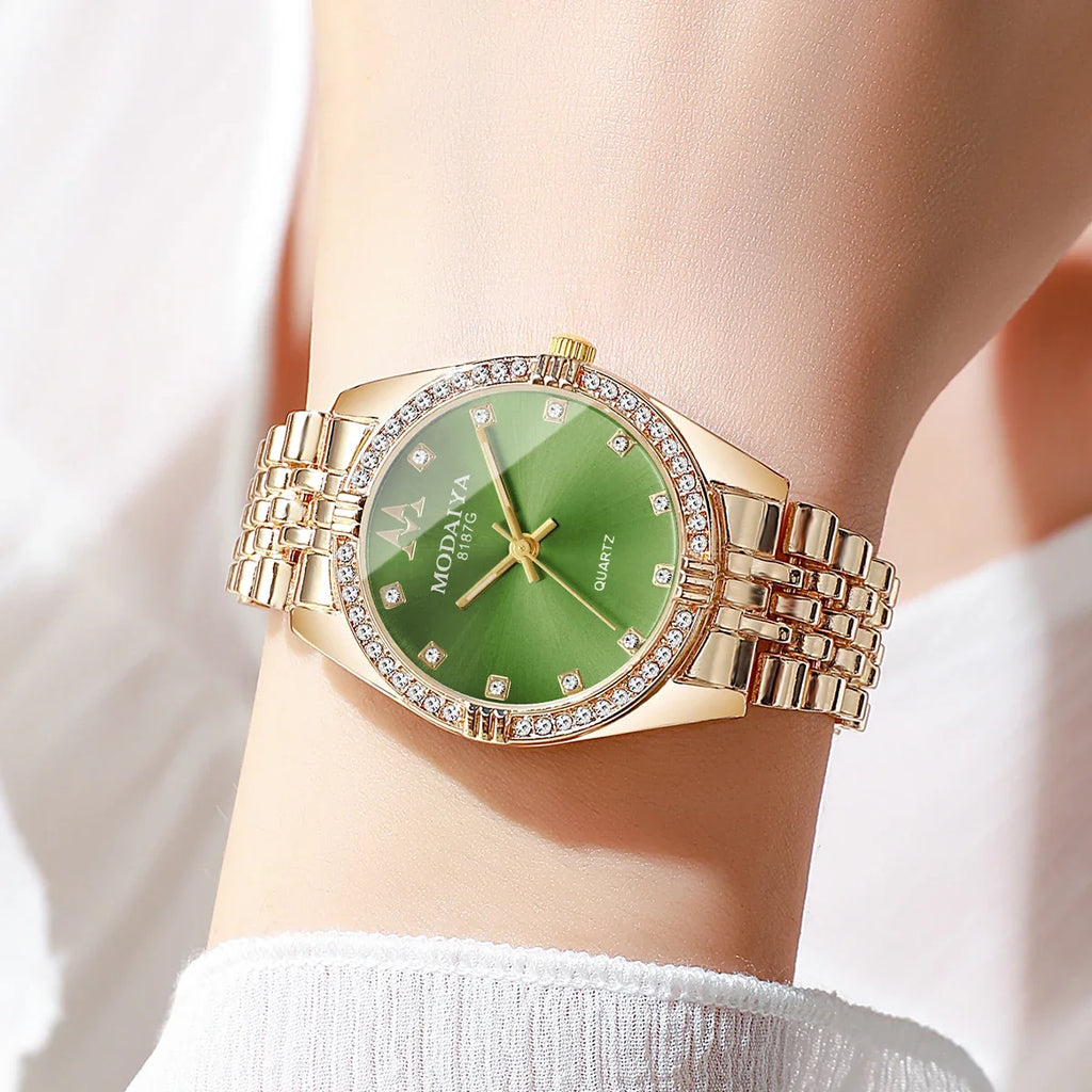 Women's Crystal Watch Rose Gold Tone Green Dial | Everyday Women's Fashion Watch Qme