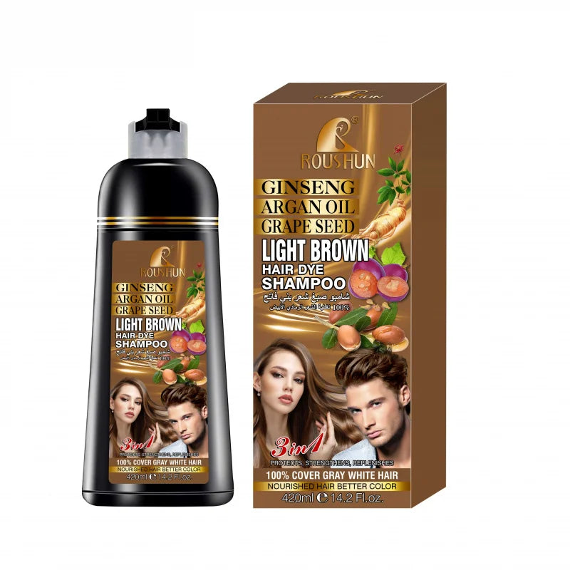 ROUSHUN 420ml Light Brown Hair Dye Shampoo – Ginseng & Ginger Hair Dye Shampoo Qst