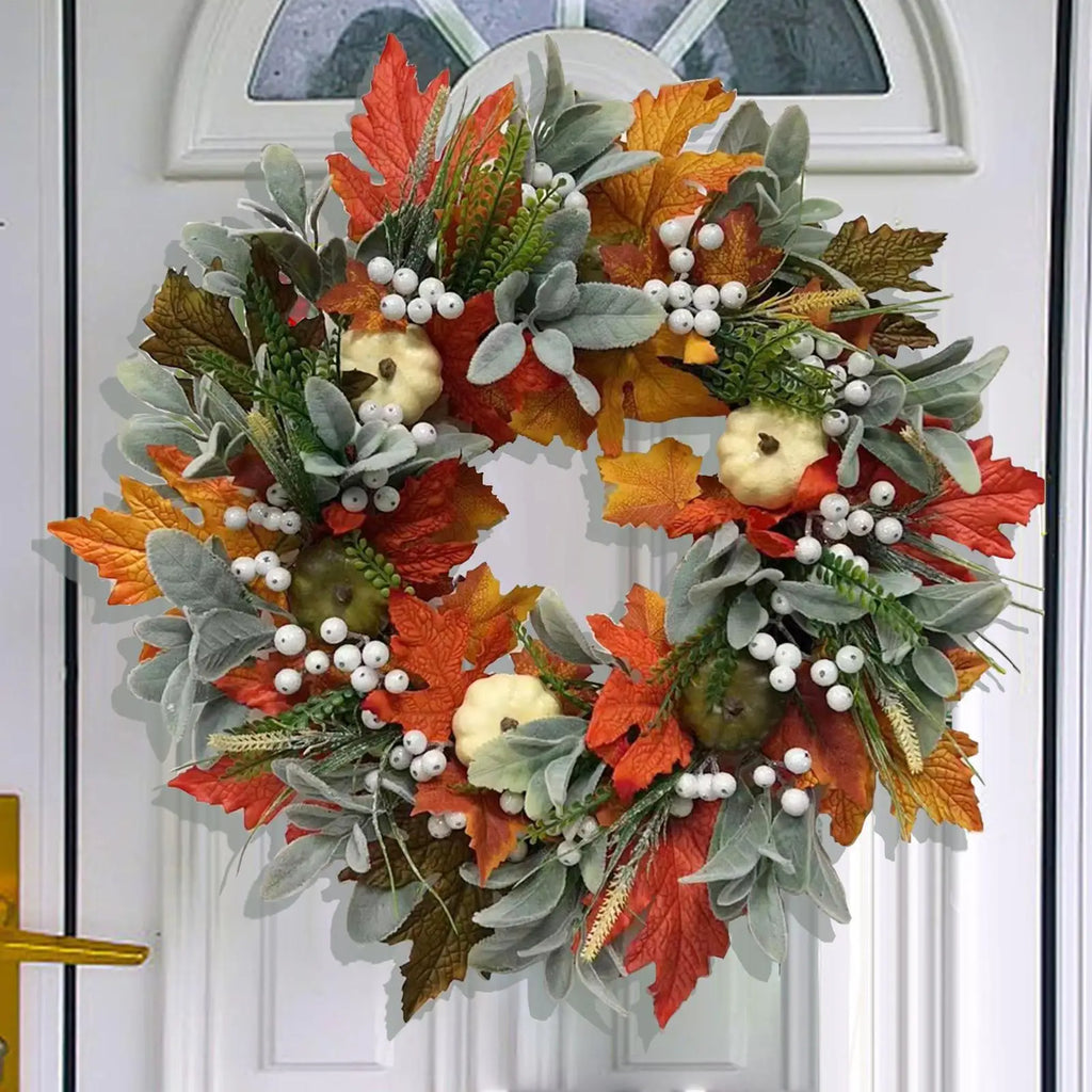 Halloween Harvest Wreath – Maple Leaves & Pumpkin | 18" Decor Seasonal Wreath Qme