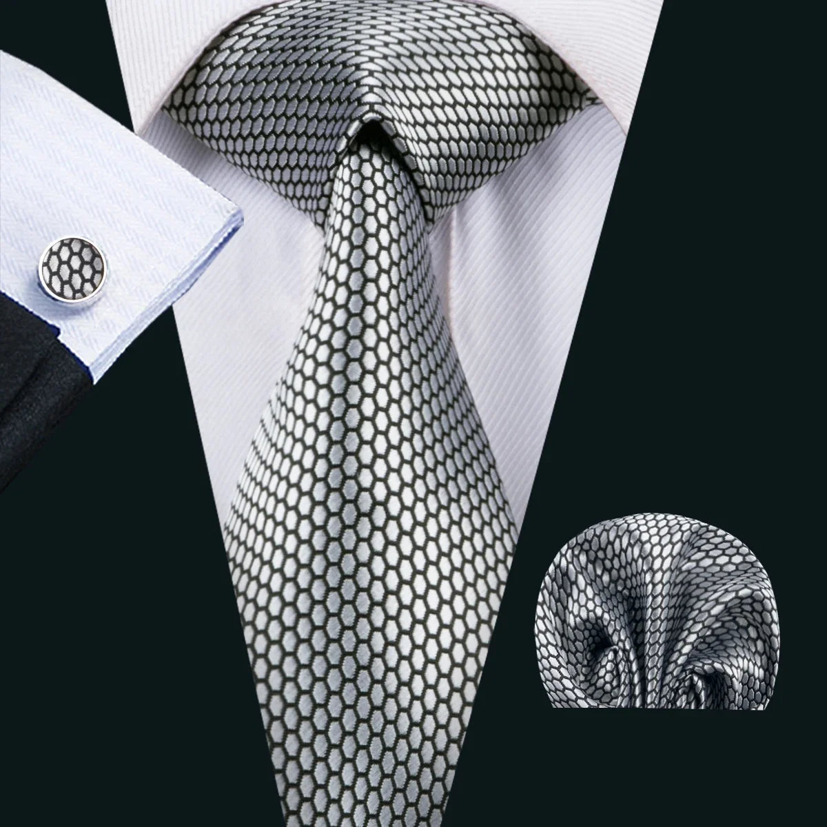 Barry Wang Black Geometric Silk Necktie & Handkerchief Set Necktie & Handkerchief Set Qme 1536