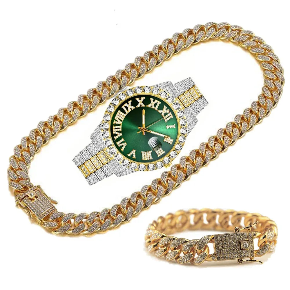 Hip Hop Watch Set – Diamond Bracelet, Necklace & Large Dial Hip Hop Watch Set Qme