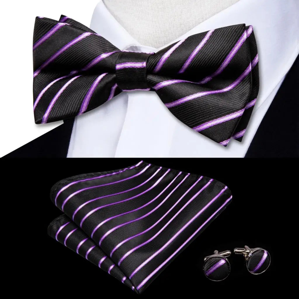 Men's Silk Bow Tie, Pocket Square & Cufflinks Set – Purple Bow Tie Gift Set Qme LDLH0567
