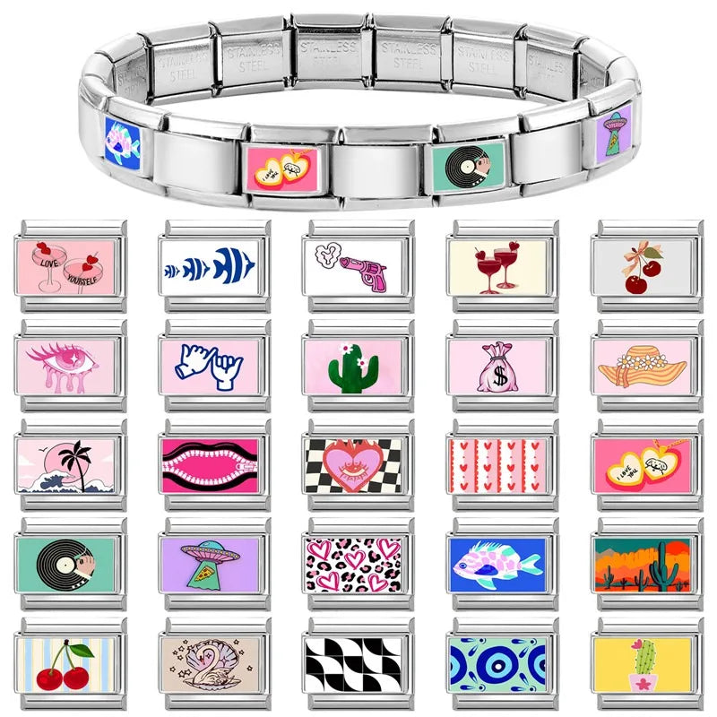 Y2K Italian Charm Links – Pink Heart Leopard Lips Hat | 9mm Italian Charm Links Qme
