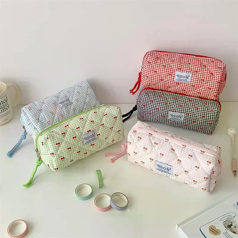 Cute Cherry Plaid Large Capacity Pencil Case & Stationery Bag Pencil Case Qme