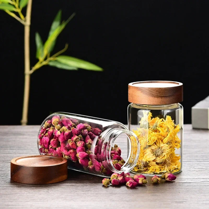 Glass Coffee Bean Storage Tube with Wooden Lid | 100–300ML Glass Storage Canister Qme