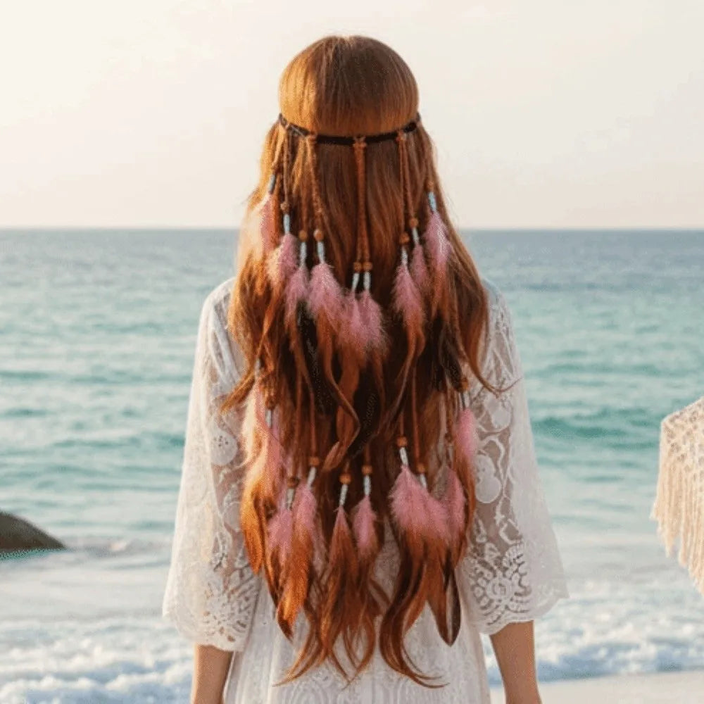 Boho Feather Headpiece – Braided Cord Orange Plumage Boho Hair Headpiece Qme