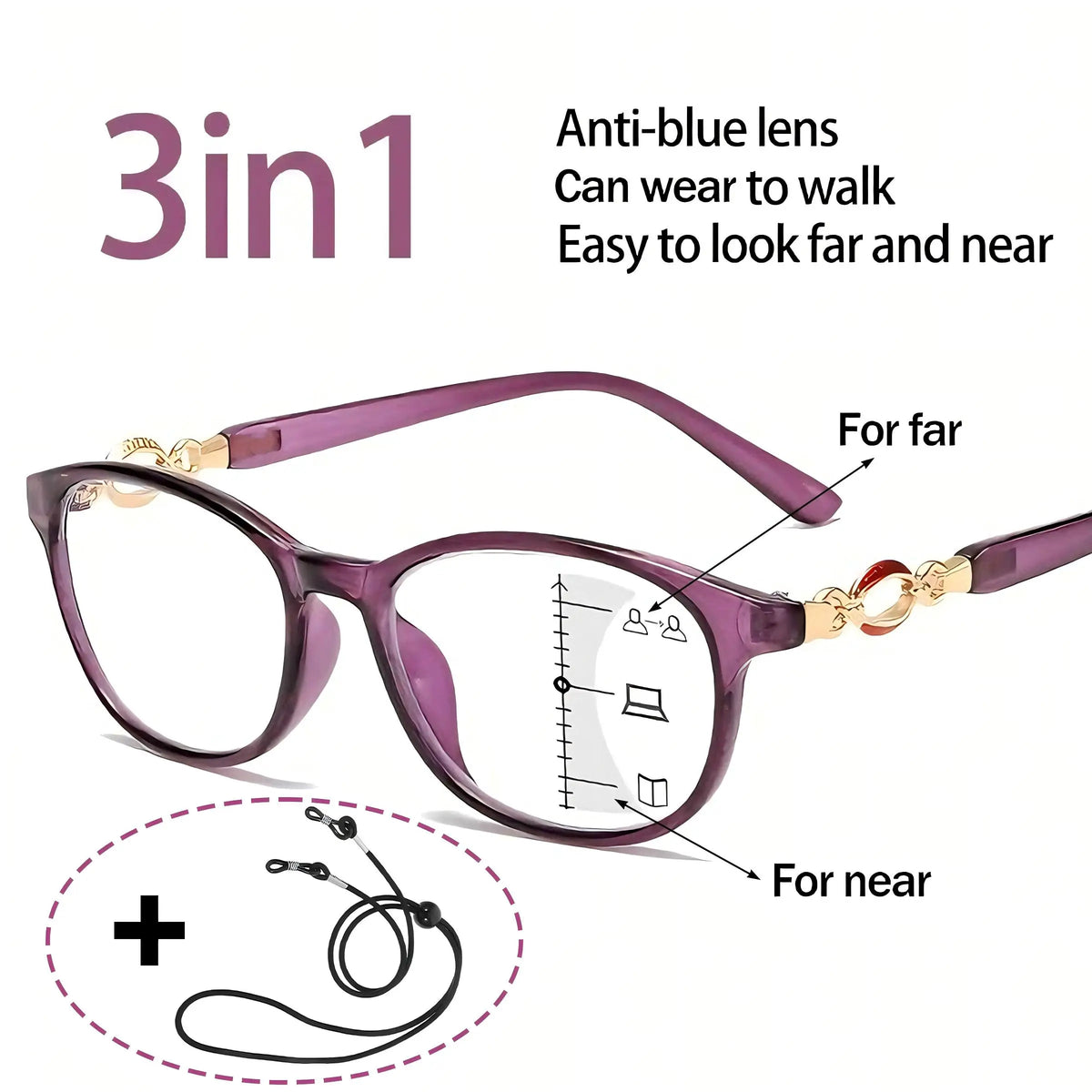 VOPHA Progressive Multifocal Reading Glasses Anti-Blue L4 Progressive Reading Glasses Qst Purple +100