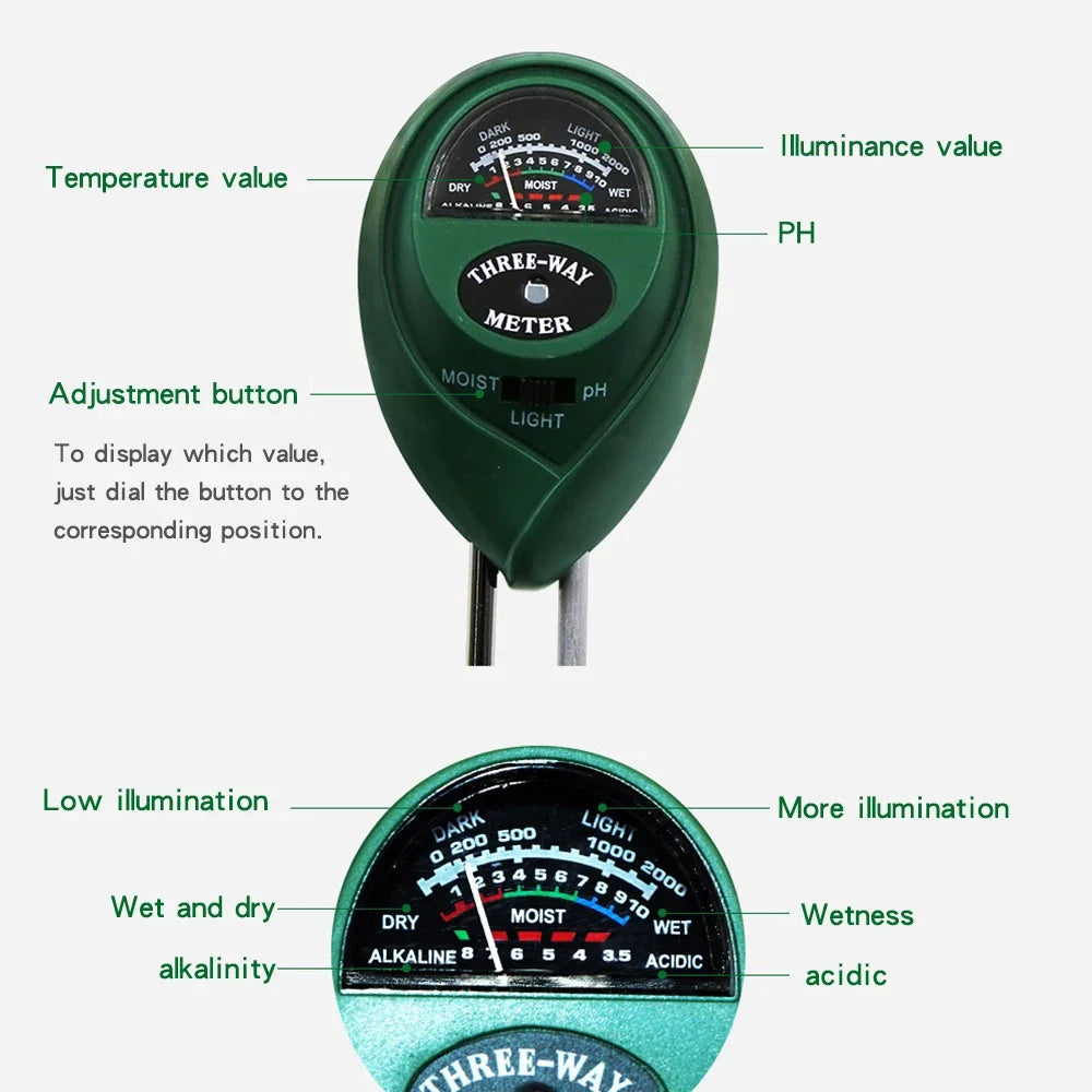 3-in-1 Soil pH Meter, Moisture & Sunlight Tester for Plants Soil Testing Meter Qme