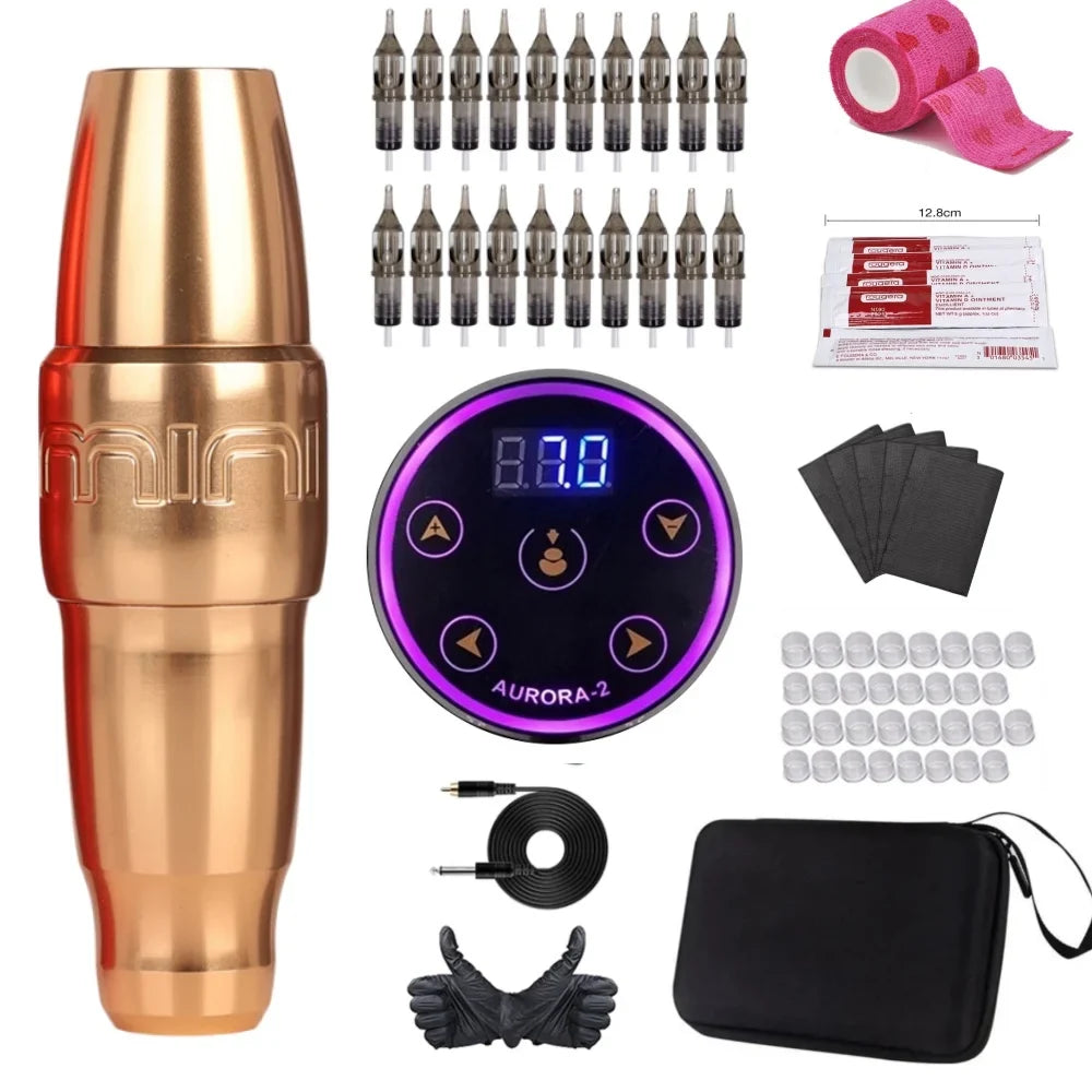FK Mini PMU Coreless Motor Tattoo Machine & LCD Aurora 2 Kit PMU Tattoo Machine Kit Qme Gold Pen Kit