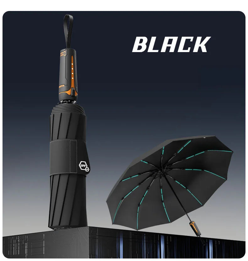 Large Windproof Folding Umbrella – Unisex Sun & Rain Folding Umbrella Qst Black 10K metal-fiber composite