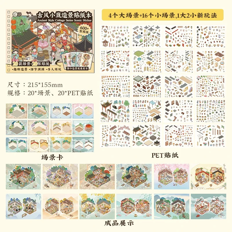 3D Cartoon Landscape Sticker Book – Ancient Building DIY Cabin 3D Sticker Book Qme A