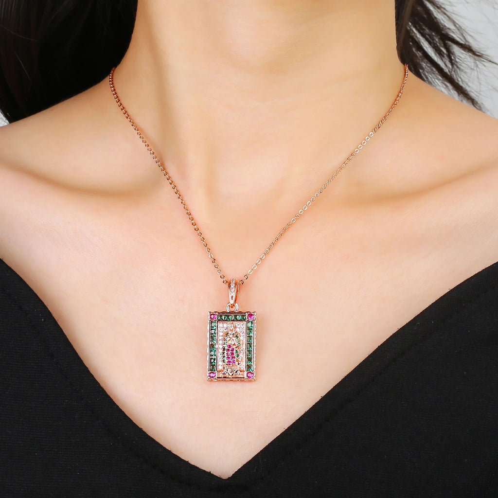 Zirconia Virgin Mary Pendant Necklace | Gold Plated CZ Religious Pendant Necklace Qme
