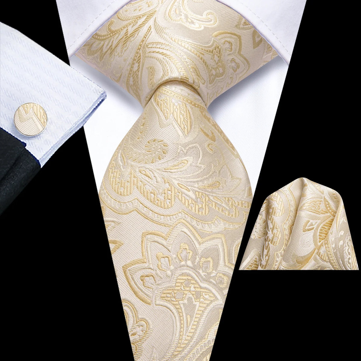 Hi-Tie 100% Silk Black Gold Jacquard Wedding Necktie Set