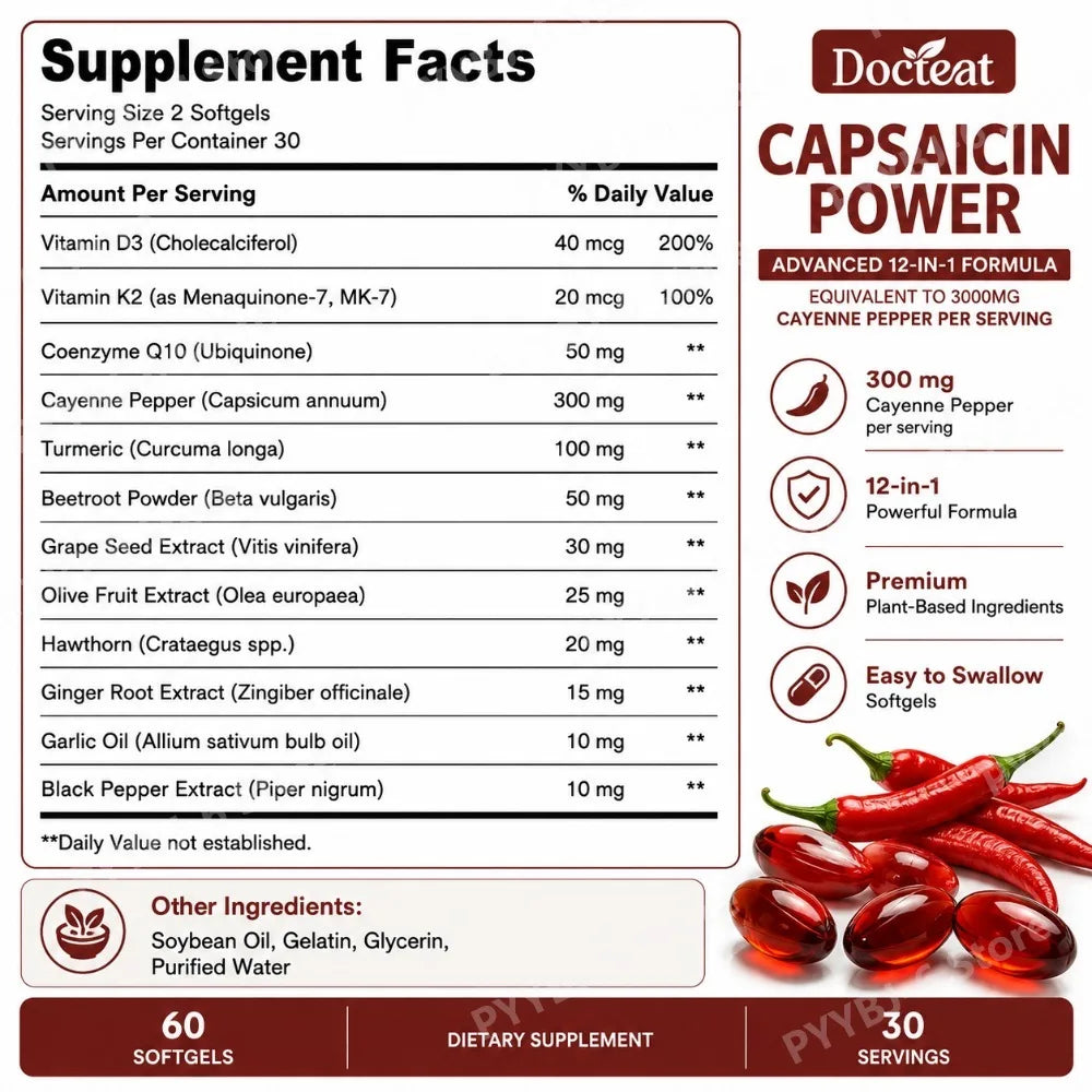 Capsaicin 12-in-1 Cayenne Pepper Supplement 60 Softgels Herbal Supplement Qst