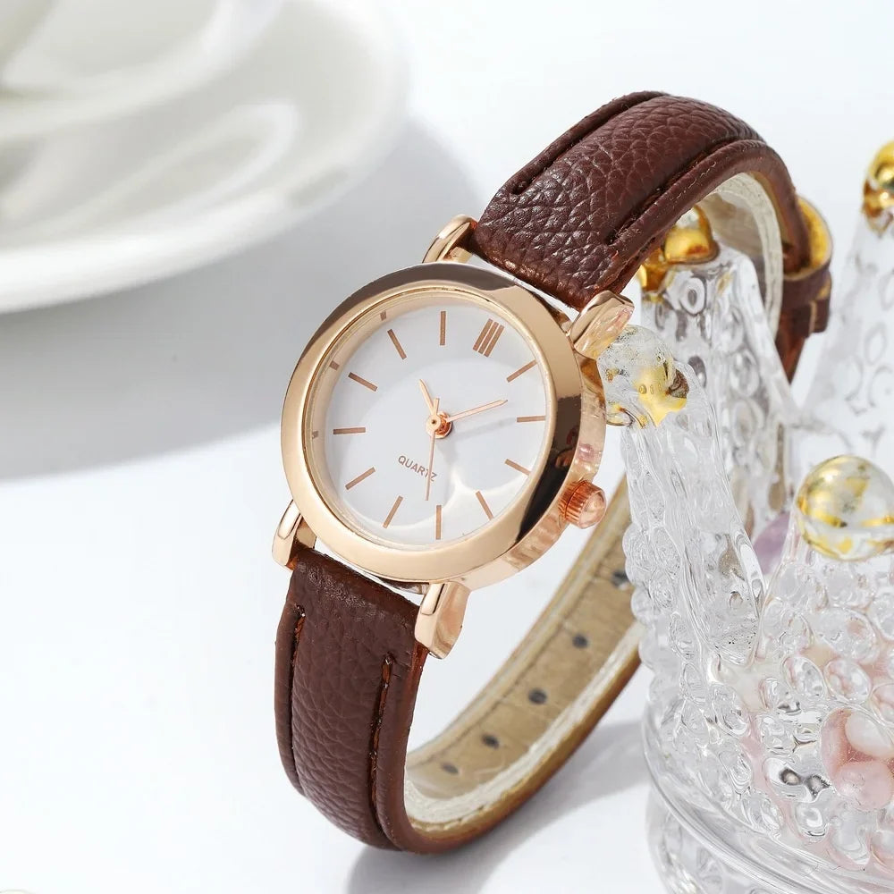 Minimalist Women's Quartz Watch – White Dial & Brown Leather Strap Women's Quartz Watch Qme Brown White