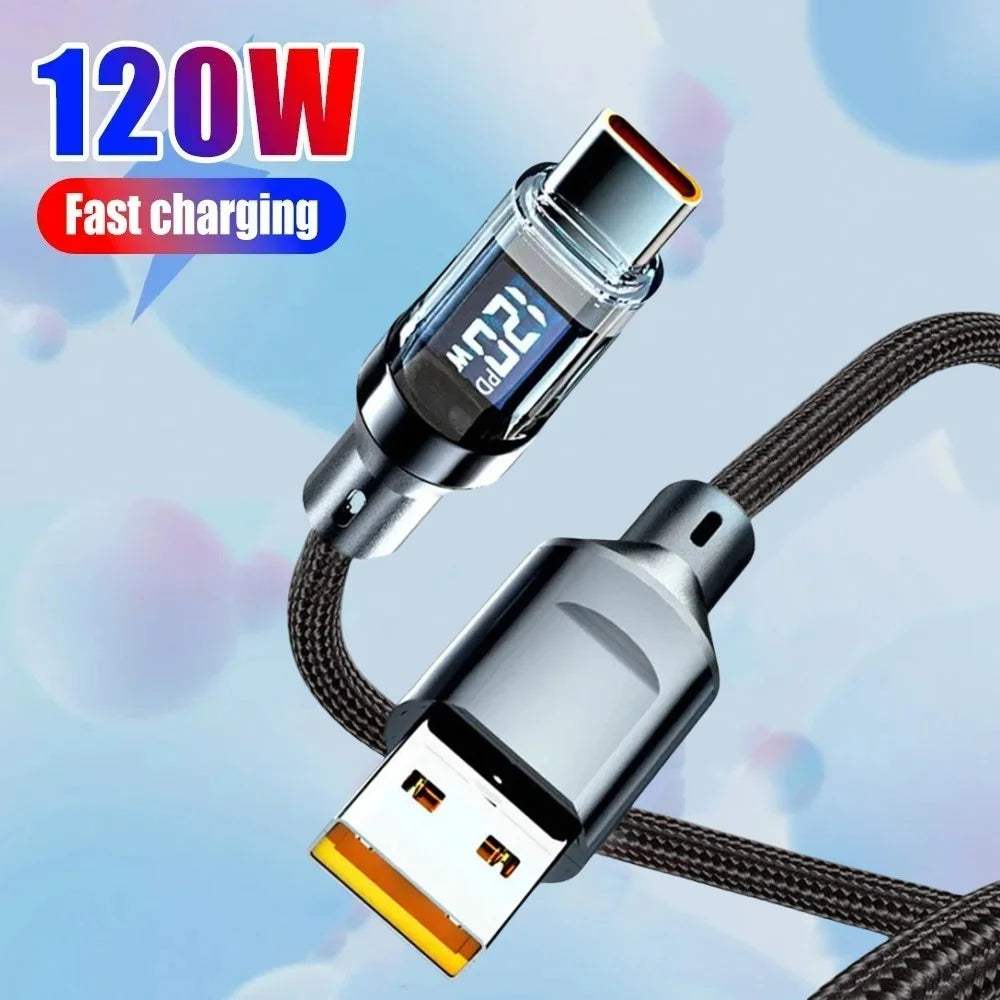 120W USB-C Fast Charging Cable with LED Digital Display USB-C Charging Cable Qme
