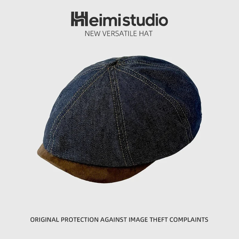 Washed Distressed Denim Patchwork Beret Painter Hat Painter Beret Hat Qme