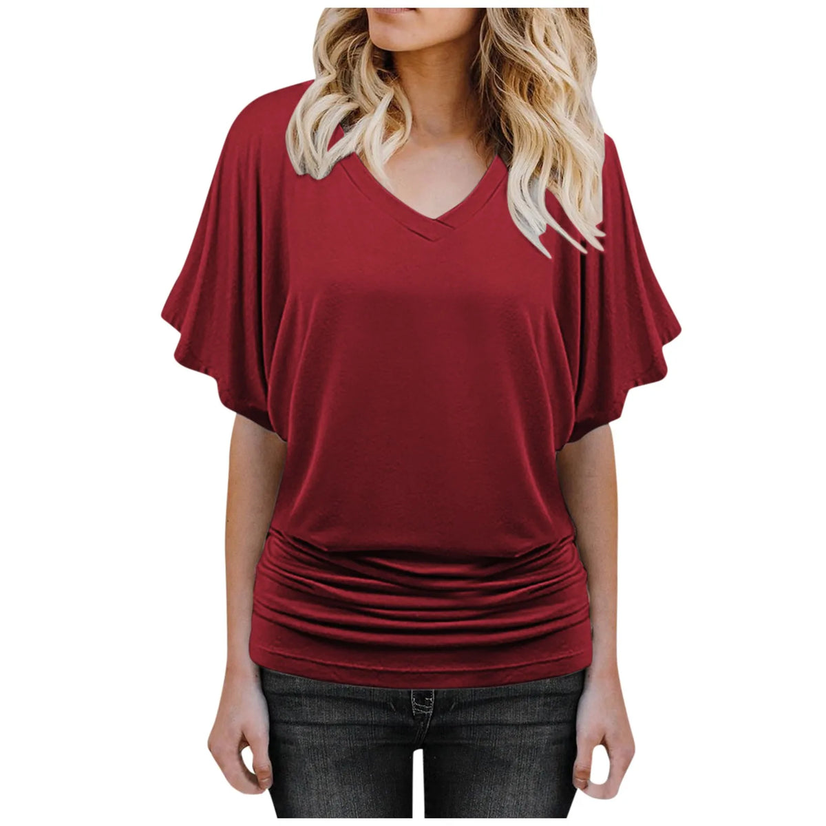 Soft Pleated V-Neck T-Shirt | Short Sleeve Summer Top Women's T-Shirt Qme
