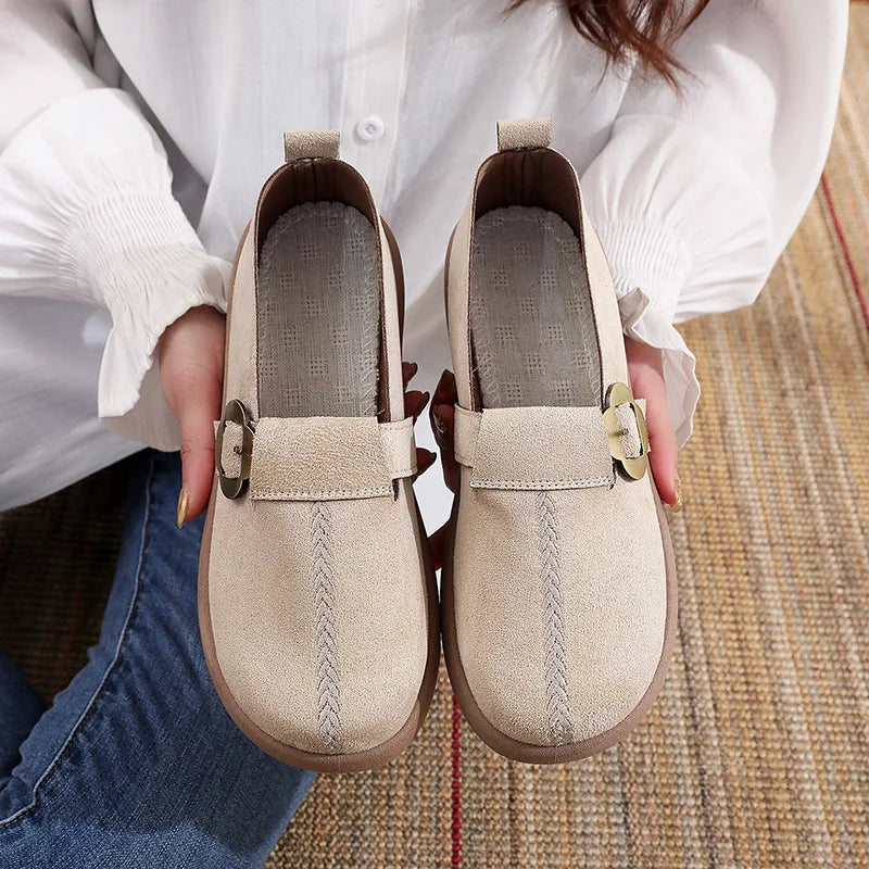 Women's Retro Flat Loafers – Thick Sole Non-Slip Casual Shoes Women's Flat Loafers Qst Beige 41