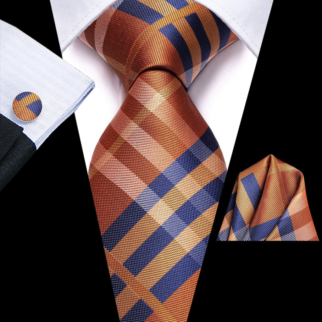 Men's Striped Tie Pocket Square & Cufflinks Set | Hi-Tie Formal Tie Set Qme
