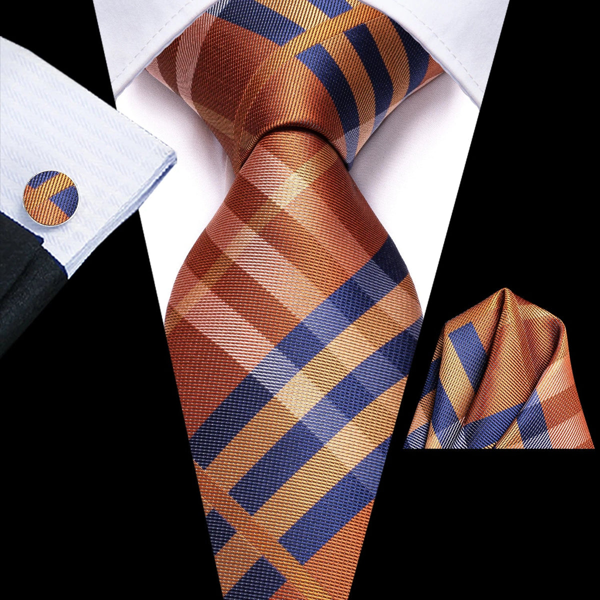 Men's Striped Tie Pocket Square & Cufflinks Set | Hi-Tie Formal Tie Set Qme