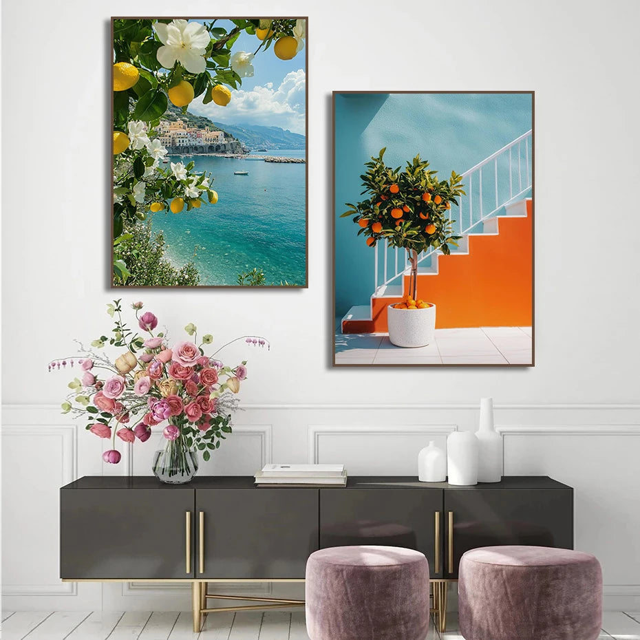 Mediterranean Landscape Canvas Wall Art – Lemon Olive Tree Poster Canvas Wall Art Qst